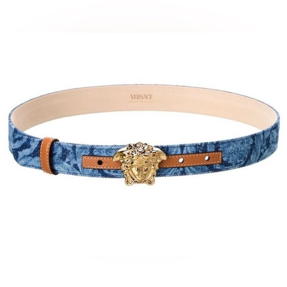 NEW VERSACE LA MEDUSA GOLD BUCKLE BAROCCO DENIM Leather Jean Belt 75/30 Medium - Picture 3 of 15